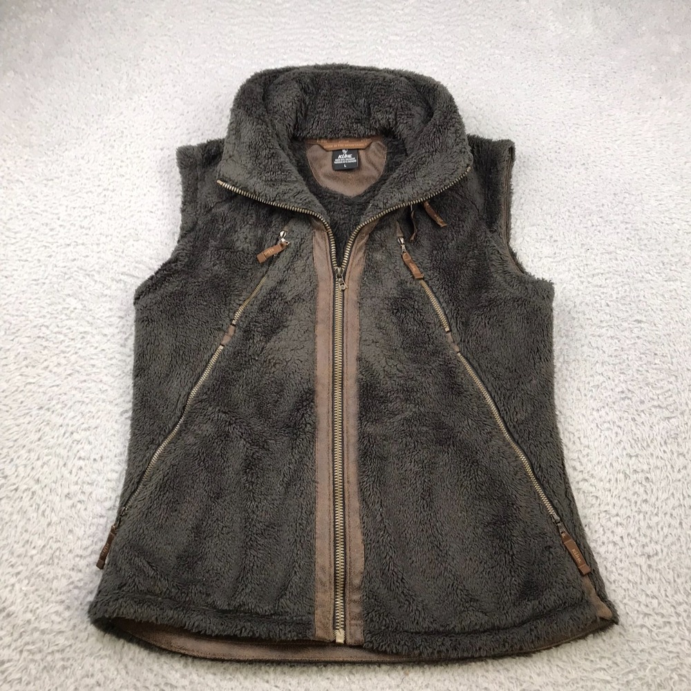 Kuhl Flight Vest Womens L Brown Deep‎ Pile Fleece Sherpa Full Zip Hidden Hood